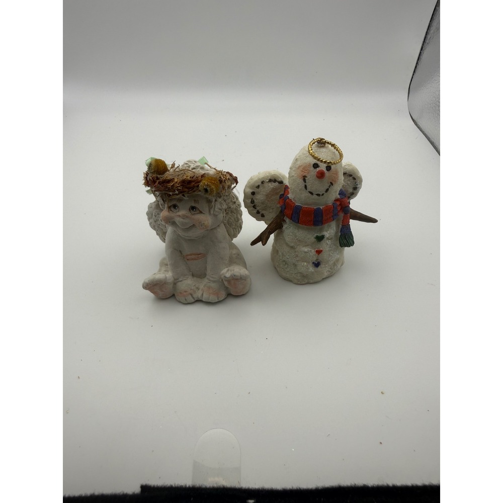 Vintage Cherub Angel Nest Crown and Snowman Angel Resin Figurine Set of 2